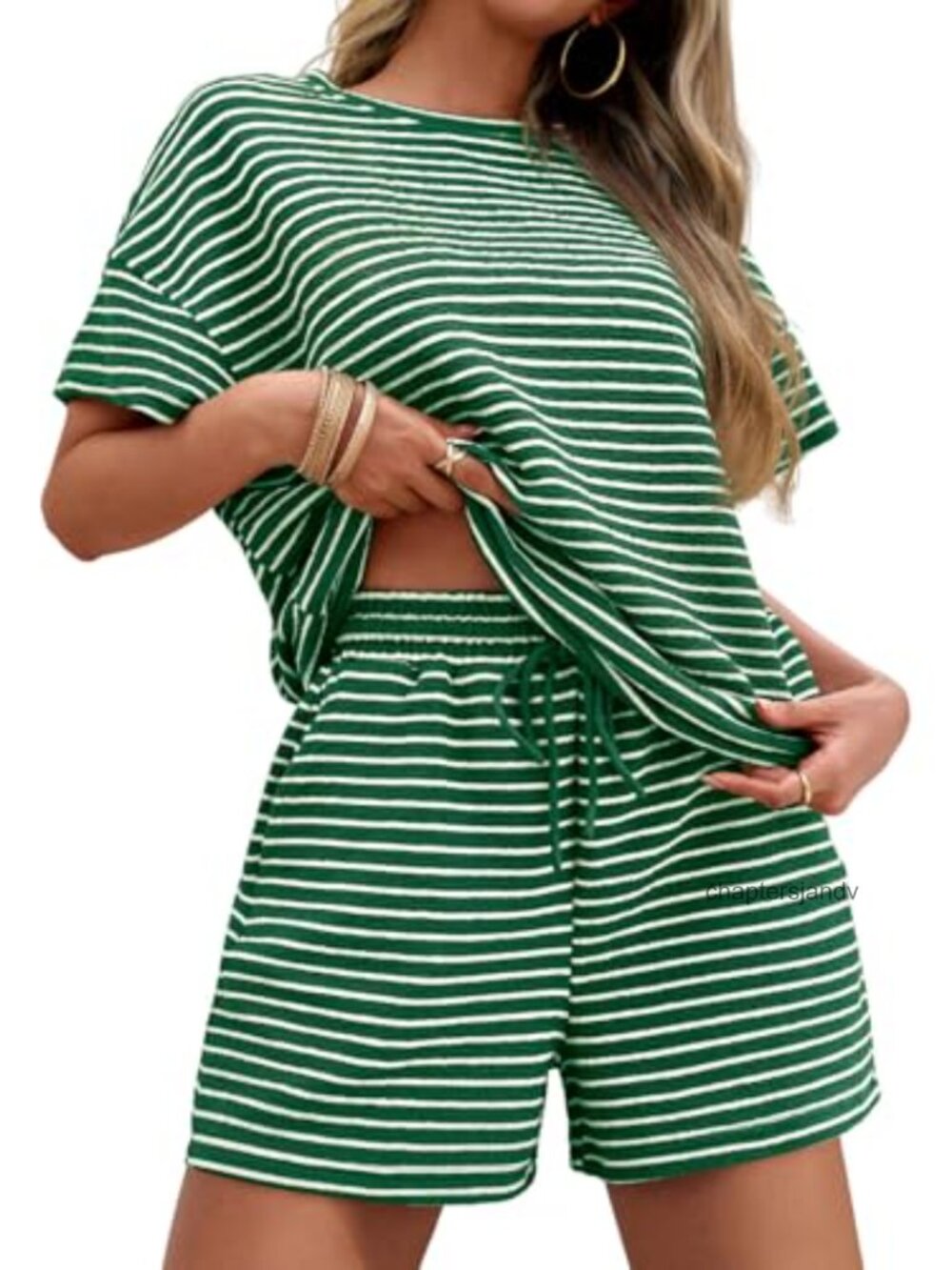 Striped 2 Piece Pajama Lounge Set Short Sleeve Top Drawstring Shorts